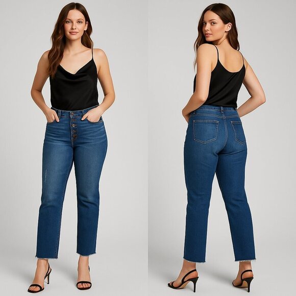 KENNETH COLE ✨ Women’s Button-Fly High-Rise Raw Hem Straight Jeans 👖 Sz 8 - Picture 1 of 15